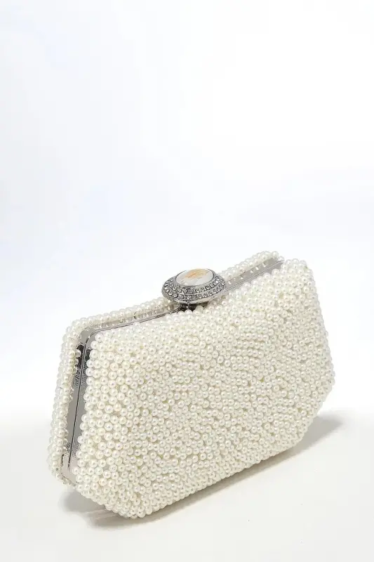 İncili Abiye Çanta Sedef Renk Gelin Çantası Abiye Çanta Gece Çantası Portföy Clutch-Sedef - 2