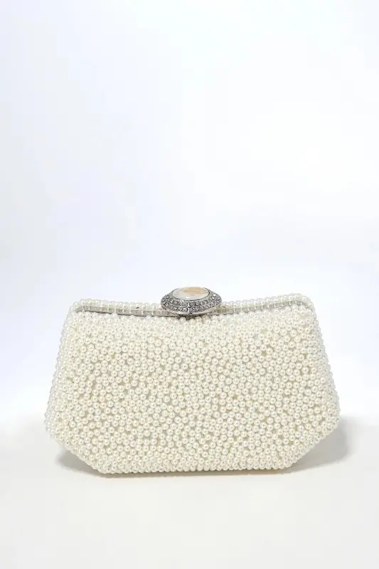 İncili Abiye Çanta Sedef Renk Gelin Çantası Abiye Çanta Gece Çantası Portföy Clutch-Sedef - 3