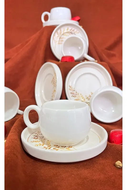 İndia 12 Parça Lüx Seramik Kahve Fincan Takımı, Beyaz Türk Kahvesi Fincanı-İndia Beyaz - 1