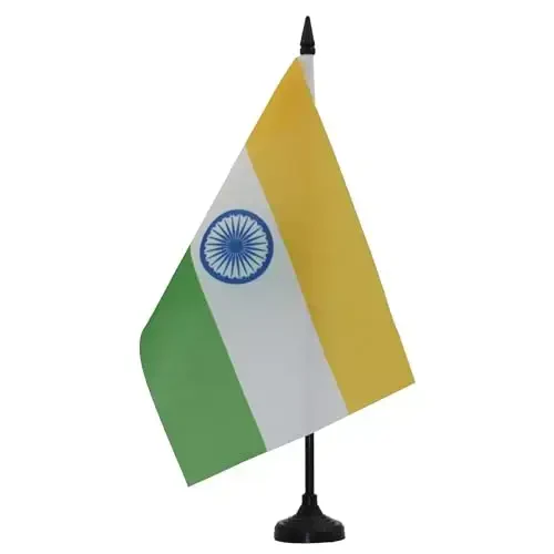 India Table Flag 5'' x 8'' - Indian Desk Flag 21 x 14 cm. - Black plastic stick and base - AZ FLAG - 1