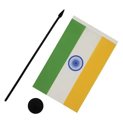 India Table Flag 5'' x 8'' - Indian Desk Flag 21 x 14 cm. - Black plastic stick and base - AZ FLAG - 3