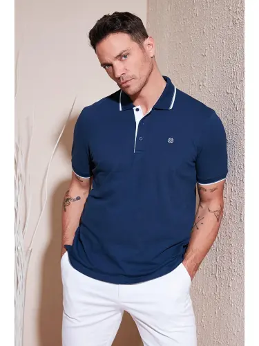 İndigo %100 Pamuk Düğmeli Slim Fit Erkek Polo Yaka Tişört 5902118-İndigo 