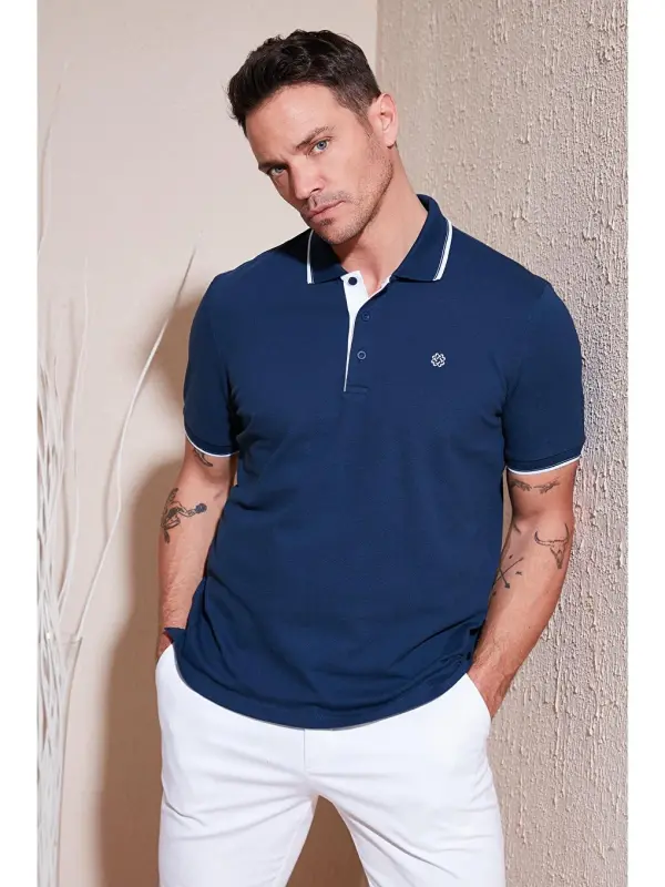 İndigo %100 Pamuk Düğmeli Slim Fit Erkek Polo Yaka Tişört 5902118-İndigo - 1