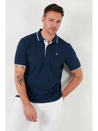 İndigo %100 Pamuk Düğmeli Slim Fit Erkek Polo Yaka Tişört 5902118-İndigo - 2