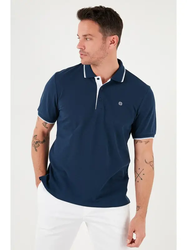 İndigo %100 Pamuk Düğmeli Slim Fit Erkek Polo Yaka Tişört 5902118-İndigo - 3