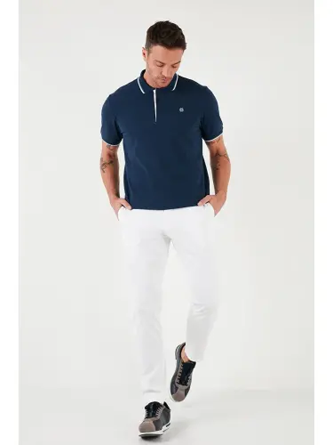 İndigo %100 Pamuk Düğmeli Slim Fit Erkek Polo Yaka Tişört 5902118-İndigo - 4