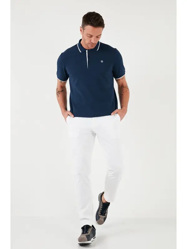 İndigo %100 Pamuk Düğmeli Slim Fit Erkek Polo Yaka Tişört 5902118-İndigo - 4