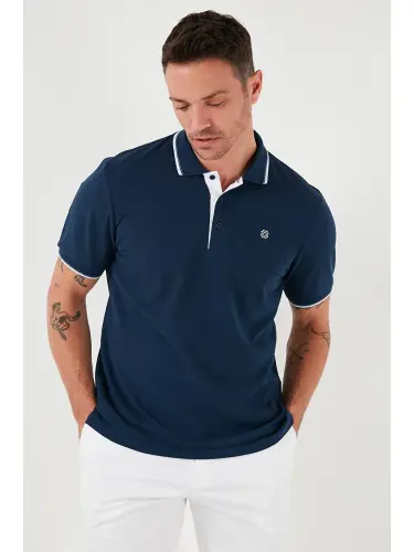 İndigo %100 Pamuk Düğmeli Slim Fit Erkek Polo Yaka Tişört 5902118-İndigo - 6