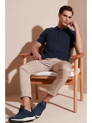 İndigo %100 Pamuk Regular Fit Düğmeli Erkek Polo Yaka Tişört 5902127-İndigo - 1