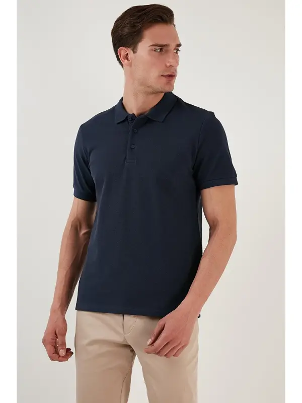 İndigo %100 Pamuk Regular Fit Düğmeli Erkek Polo Yaka Tişört 5902127-İndigo - 2