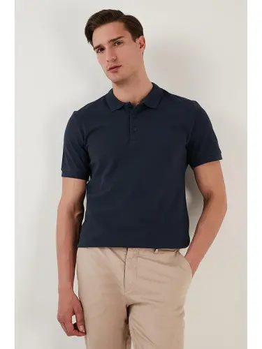 İndigo %100 Pamuk Regular Fit Düğmeli Erkek Polo Yaka Tişört 5902127-İndigo - 3