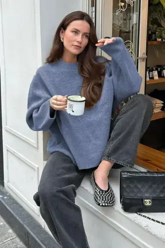 İndigo Bisiklet Yaka Oversize Triko Kazak MG1972-İndigo - MADMEXT (1)