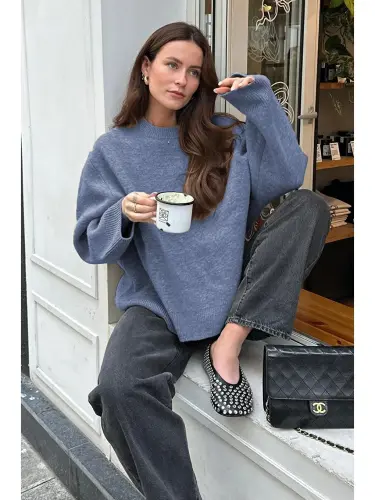 İndigo Bisiklet Yaka Oversize Triko Kazak Mg1972-İndigo 