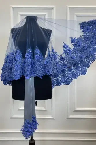 Indigo Blue Bridal Veil Set, Henna Veil, Vip Model-Indigo Blue - 1