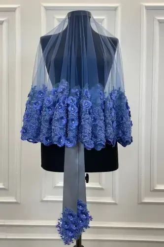 Indigo Blue Bridal Veil Set, Henna Veil, Vip Model-Indigo Blue - 3