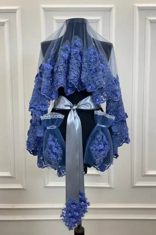 Indigo Blue Bridal Veil Set, Henna Veil, Vip Model-Indigo Blue - 4