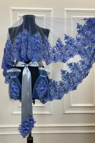 Indigo Blue Bridal Veil Set, Henna Veil, Vip Model-Indigo Blue - 5