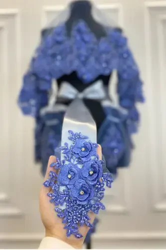 Indigo Blue Bridal Veil Set, Henna Veil, Vip Model-Indigo Blue - 7