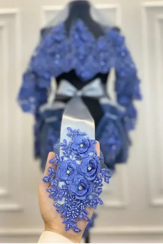 Indigo Blue Bridal Veil Set, Henna Veil, Vip Model-Indigo Blue - 7