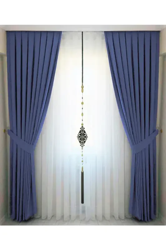 Indigo Blue Pleated Velvet Back Curtain High Quality Single Panel-Indigo - İ.D İPEK DOKUMA