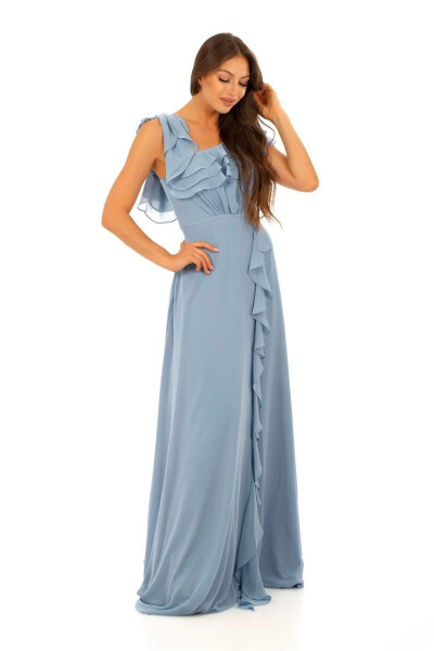 Indigo Chiffon Off-the-Shoulder Ruffle Hemline Maxi Dress - 3