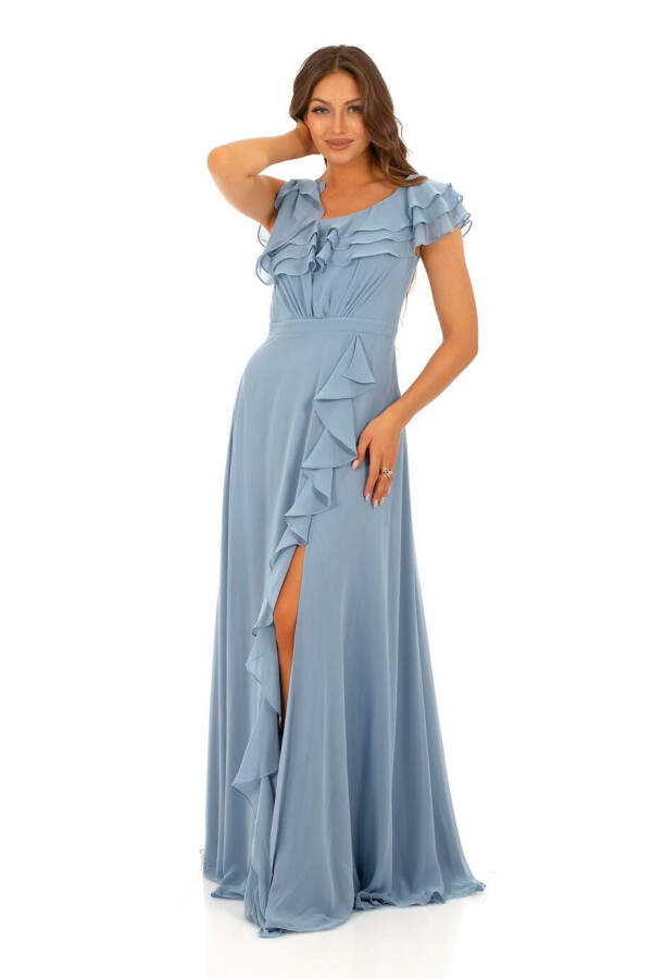 Indigo Chiffon Off-the-Shoulder Ruffle Hemline Maxi Dress - 6