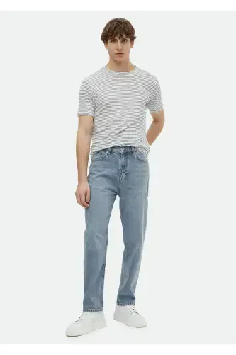 İndigo Çizgili Bisiklet Yaka %100 Keten T-Shirt - RAMSEY (1)