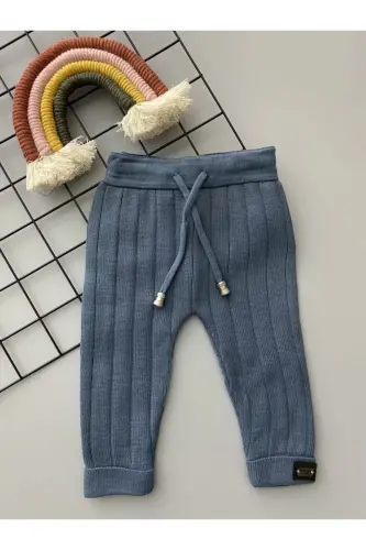 Indigo Colored Laced Unisex Baby Knitted Tight Pants-Indigo - GENEL MARKALAR (1)