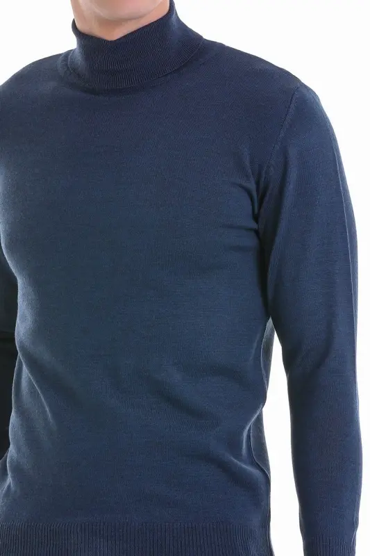 Indigo Comfort Fit Düz Bisiklet Yaka Yünlü Triko Kazak-Indigo - 4