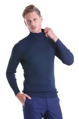 Indigo Comfort Fit Fitilli Balıkçı Yaka Yünlü Yün Kazak - Indigo 