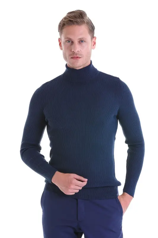 Indigo Comfort Fit Fitilli Balıkçı Yaka Yünlü Yün Kazak - Indigo - 2