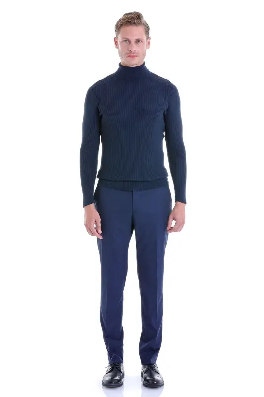 Indigo Comfort Fit Fitilli Balıkçı Yaka Yünlü Yün Kazak - Indigo - 3