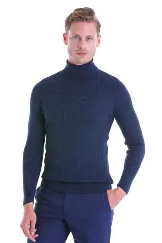 Indigo Comfort Fit Fitilli Balıkçı Yaka Yünlü Yün Kazak - Indigo - 4