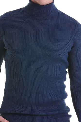Indigo Comfort Fit Fitilli Balıkçı Yaka Yünlü Yün Kazak - Indigo - 5