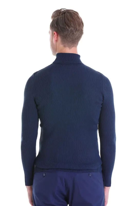 Indigo Comfort Fit Fitilli Balıkçı Yaka Yünlü Yün Kazak - Indigo - 6