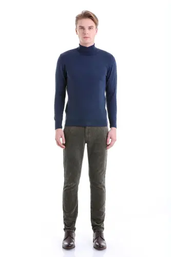 Indigo Comfort Fit Plain Crew Neck Wool Knit Sweater-Indigo - 3