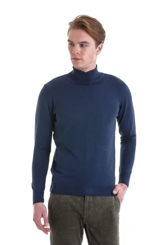 Indigo Comfort Fit Прямой вырез под горло Шерстяной трикотажный свитер-индиго - 2