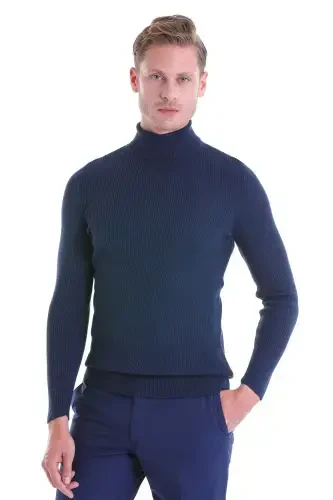 Indigo Comfort Fit Ribbed Fisherman's Crew Neck Woolen Wool Sweater-Indigo - 4