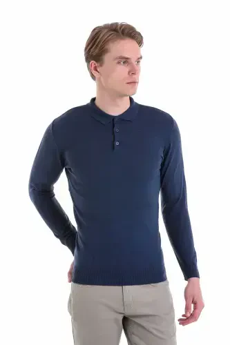 Indigo Comfort Fit tekis polo yoqali junli junli kozok-Indigo - HATEMOĞLU (1)