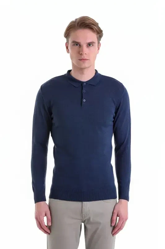 Indigo Comfort Fit tekis polo yoqali junli junli kozok-Indigo - 3