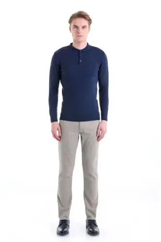 Indigo Comfort Fit tekis polo yoqali junli junli kozok-Indigo - 4