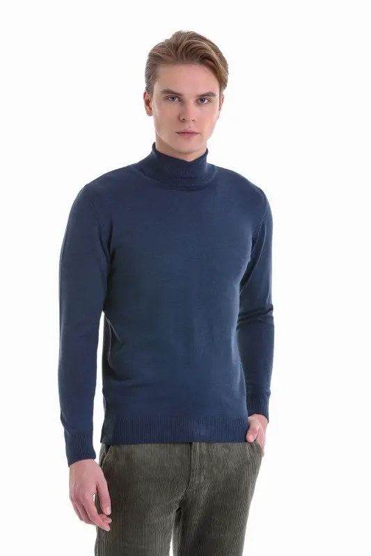 Indigo Comfort Fit tekis velosiped yoqali jun triko kozok-Indigo - HATEMOĞLU