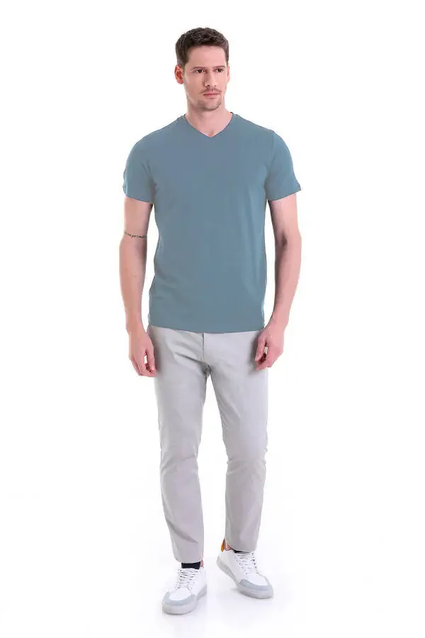 Indigo Düz Regular Fit 100% paxta V-bo'ylik futbolka - 2