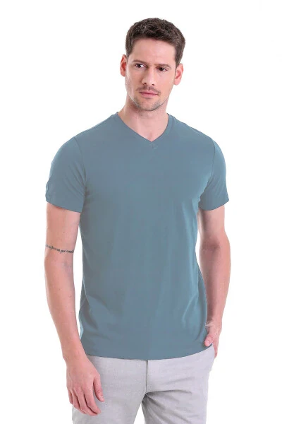 Indigo Düz Regular Fit 100% paxta V-bo'ylik futbolka - 3