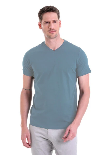 Indigo Düz Regular Fit 100% paxta V-bo'ylik futbolka - 4