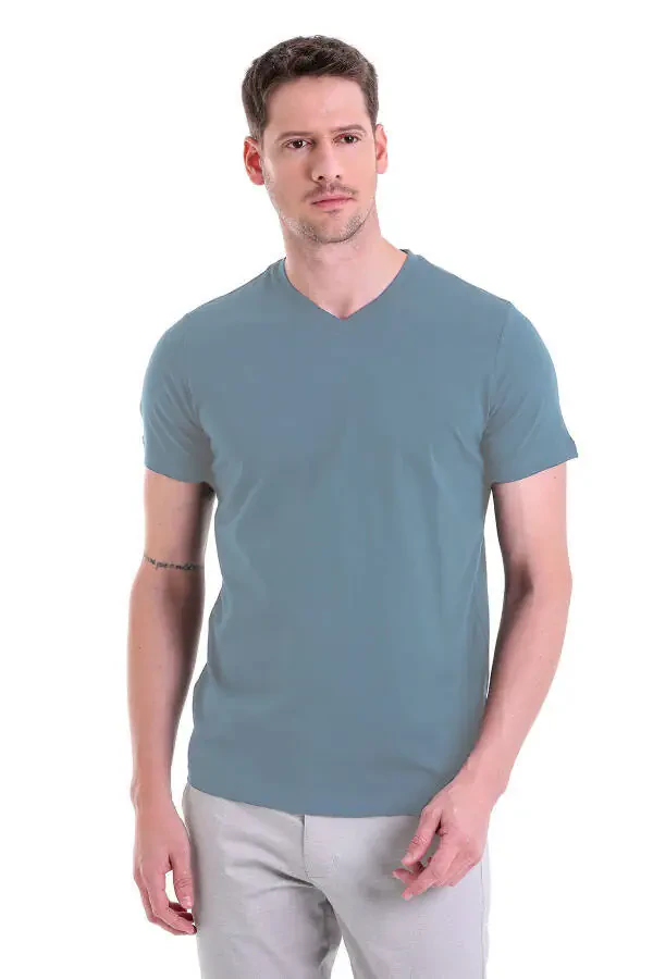 Indigo Düz Regular Fit 100% paxta V-bo'ylik futbolka - 4