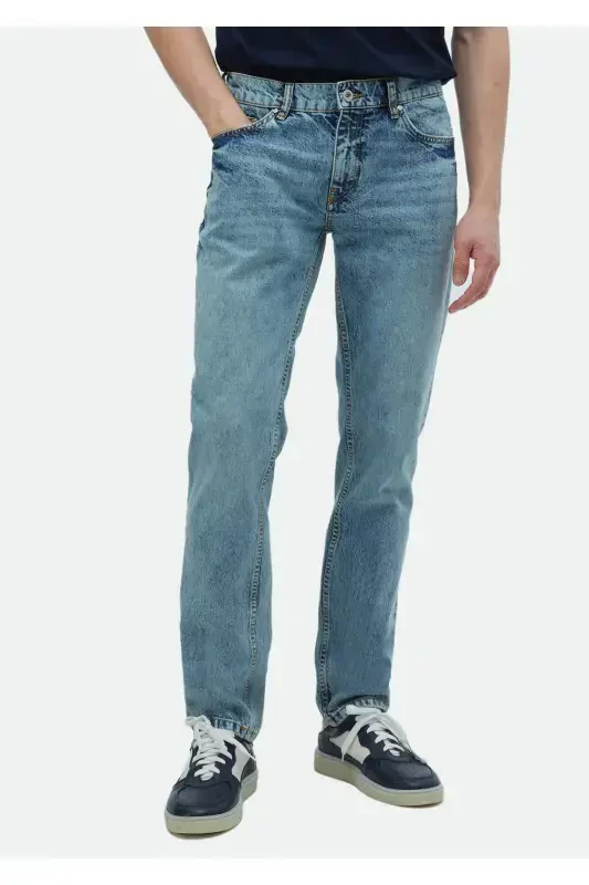 İndigo Düz Regular Fit Denim %100 Pamuk Pantolon - 2