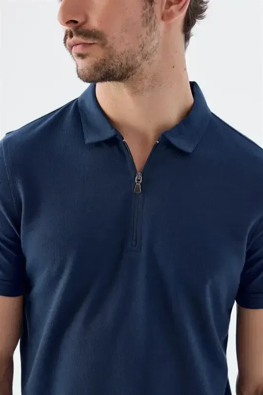 Indigo fermuarlı slim fit polo yoqaliq futbolka - 3