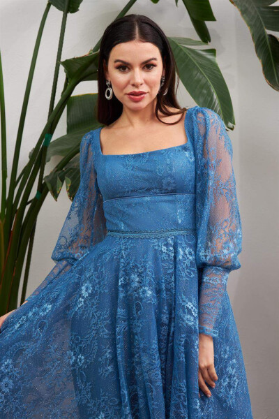 Indigo Lace Square Neck Engagement Dress - 2