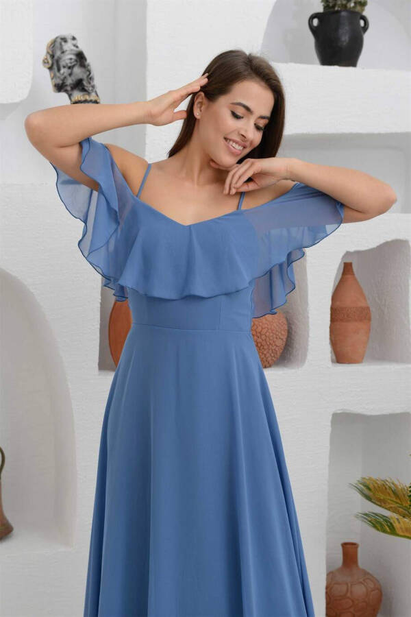 Indigo Low-Sleeved Strapless Long Evening Dress - 4